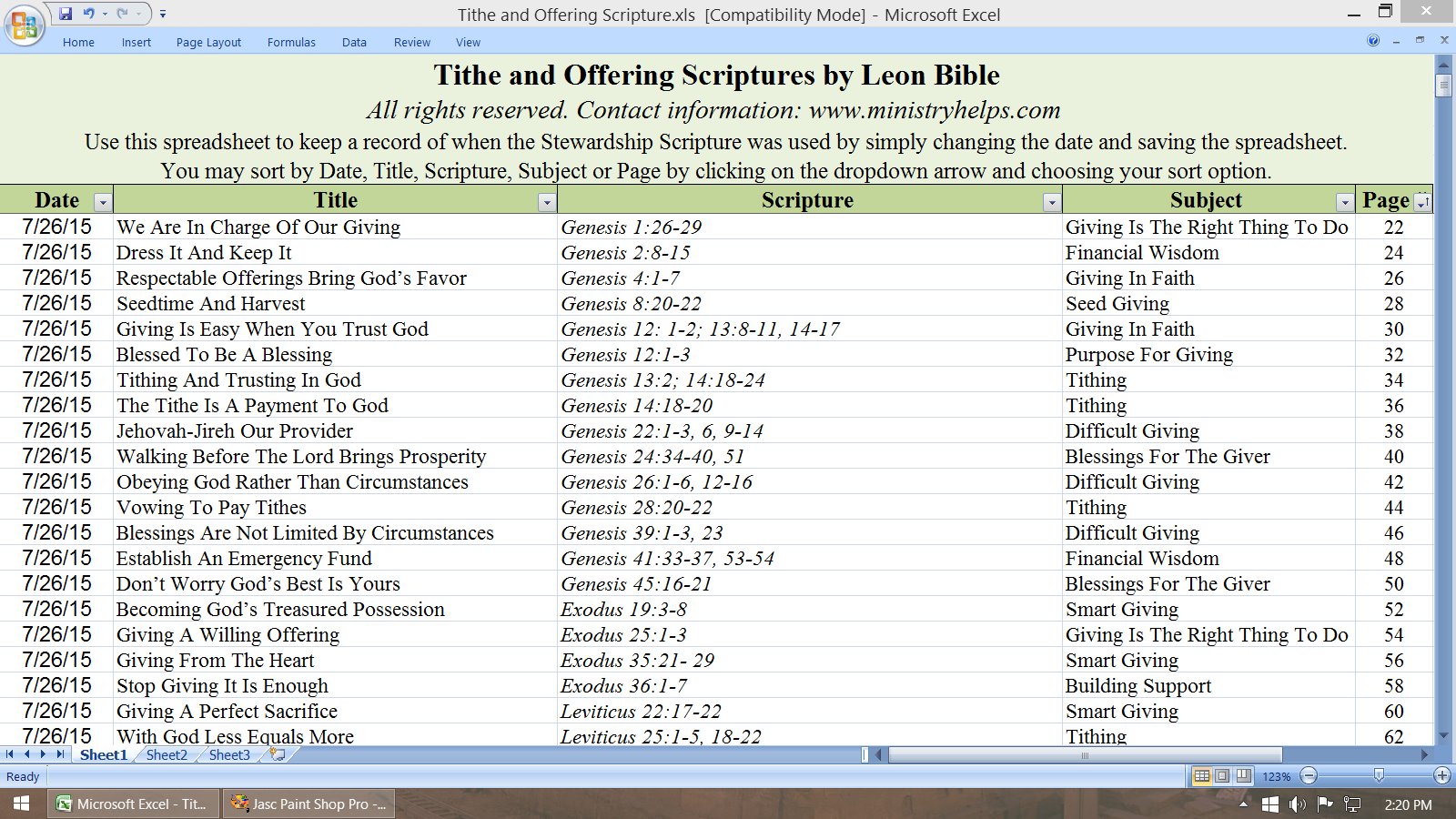 Tithe and Offering Scriptures Excel Spreadsheet